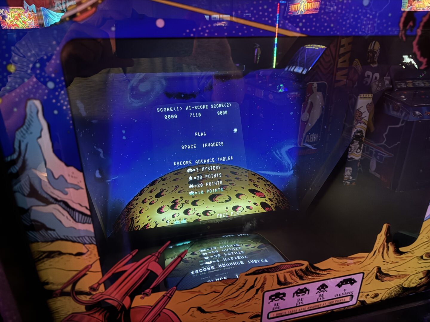 Space Invaders at the Time Rift Arcade in Bedford, TX.  Close up of start screen.