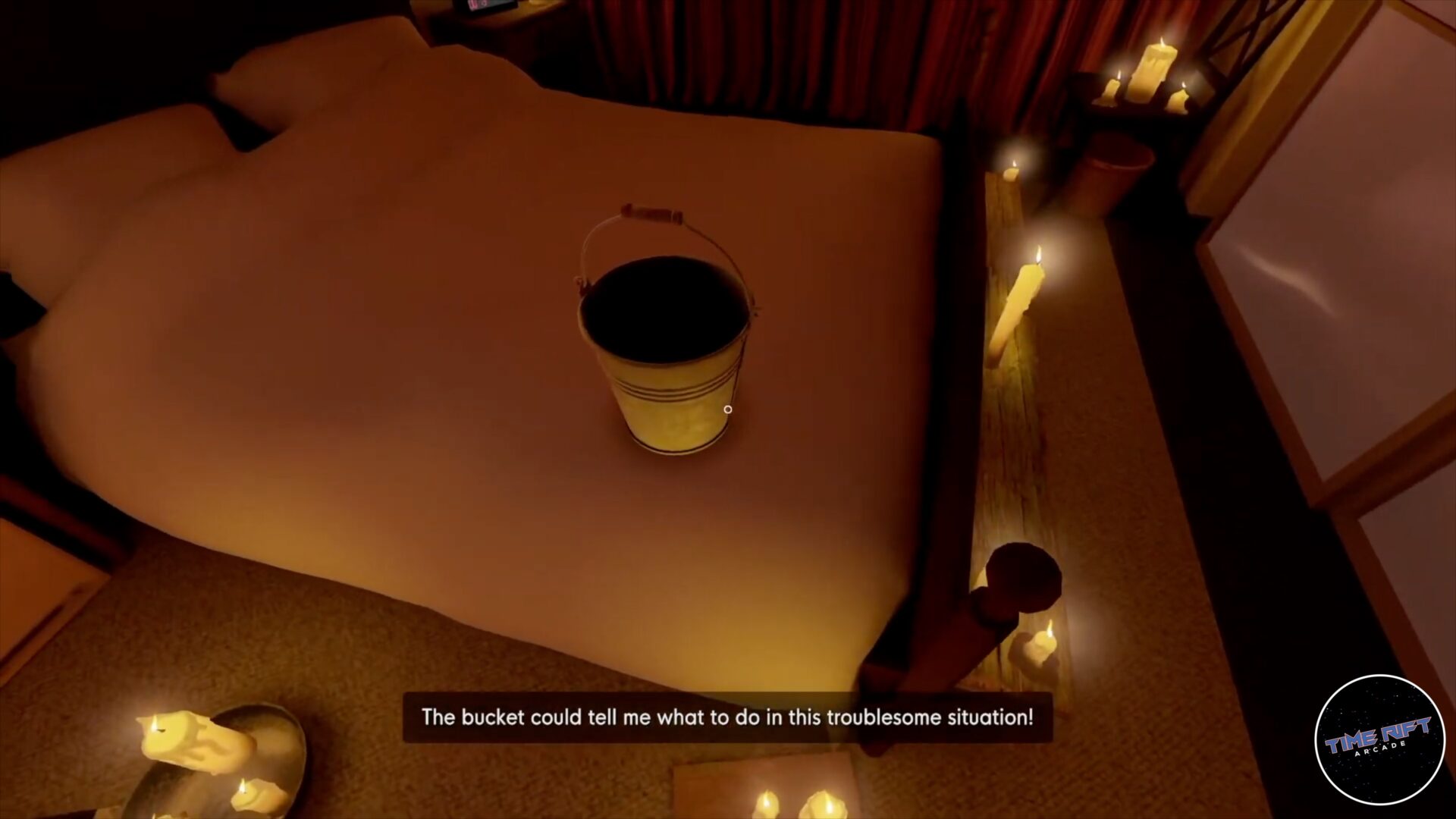 Stanley Parable Reassurance Bucket on bed.