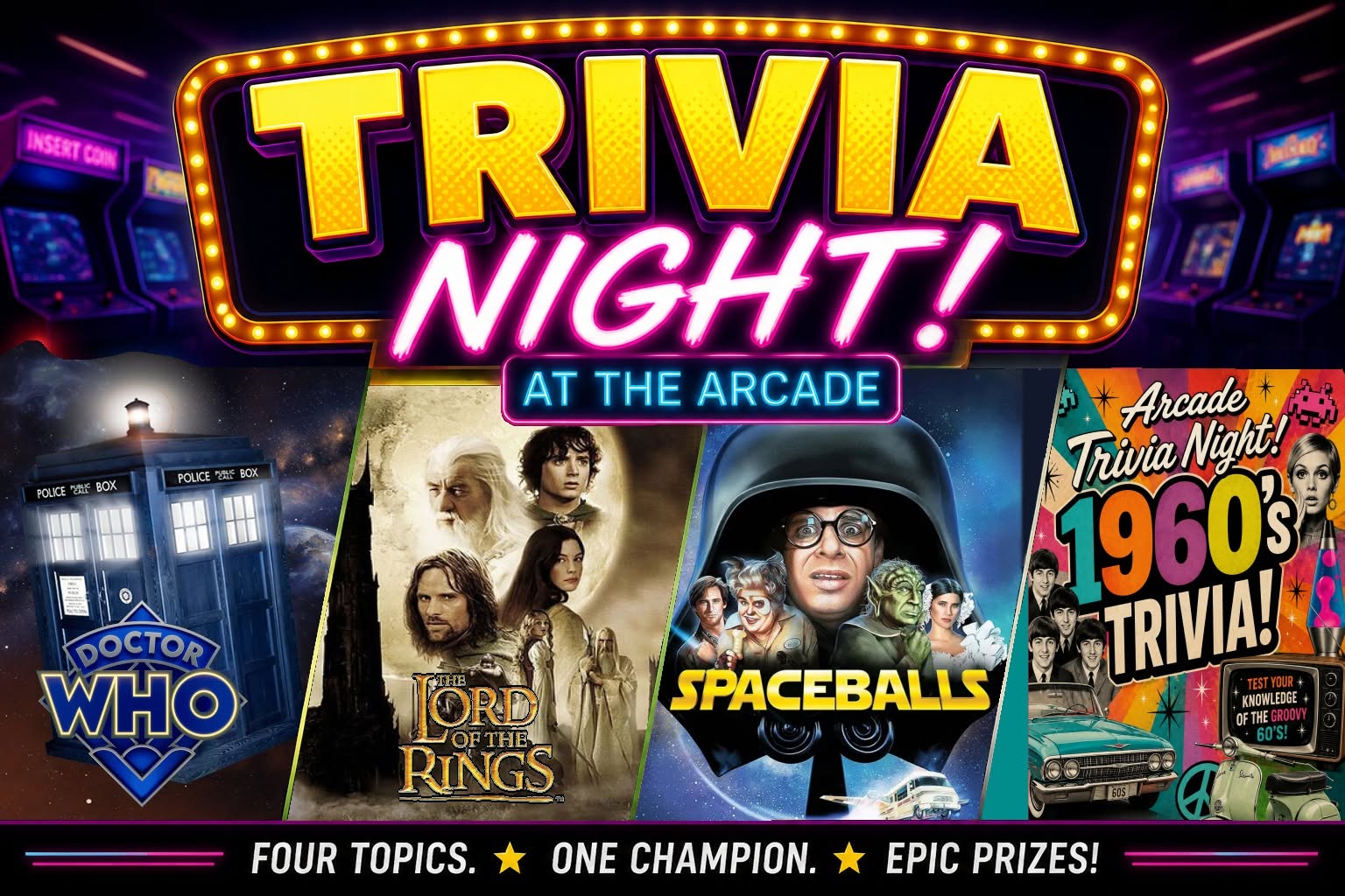 Trivia Night Recap September 9th at Time Rift Arcade Doctor Who - Lord of the Rings - Spaceballs - 60s